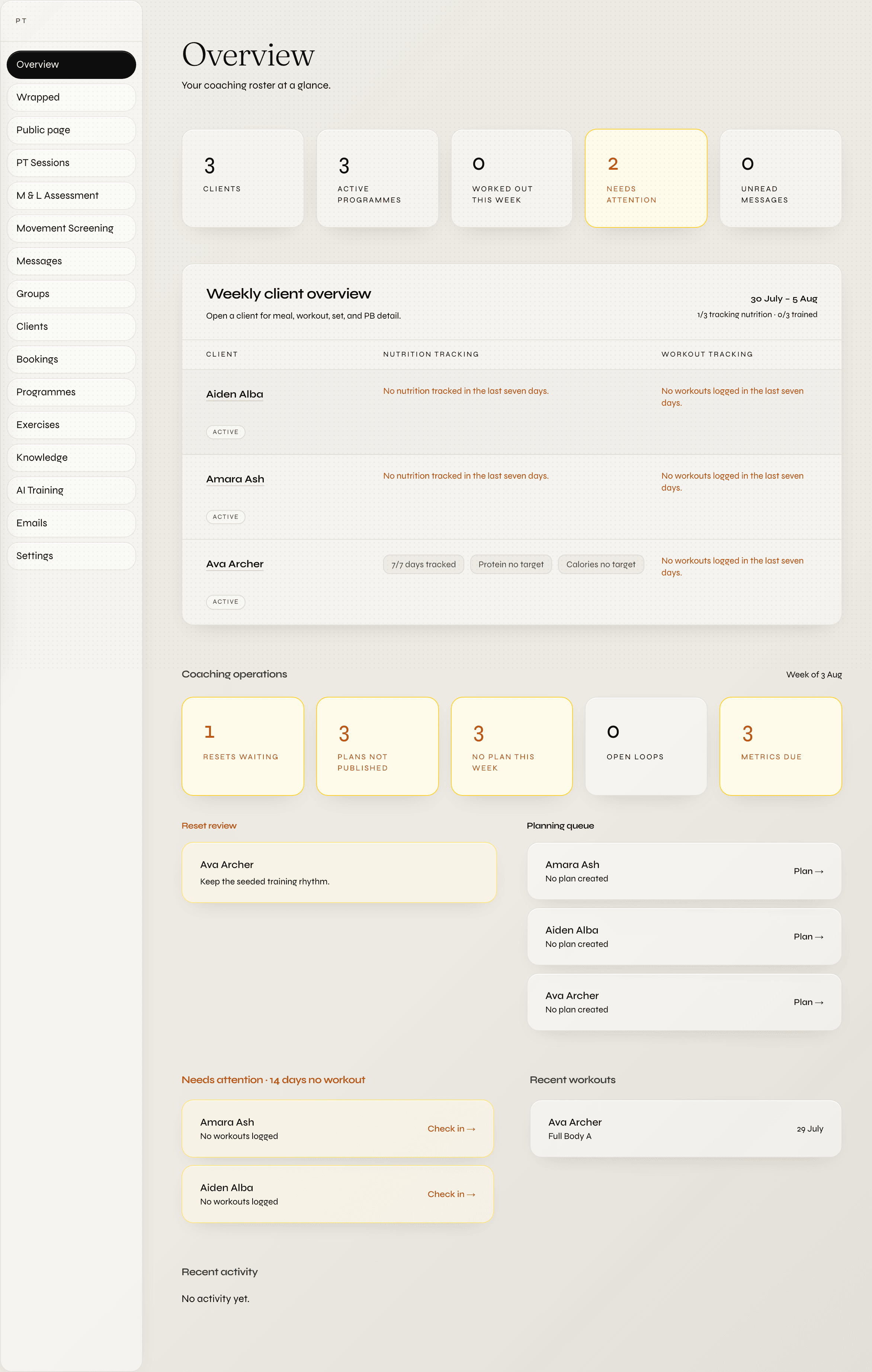 Pulse coach overview showing clients, programmes and who needs attention.