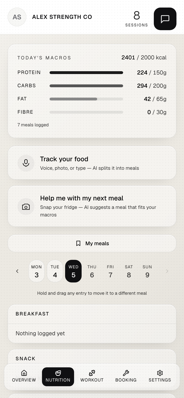 A client’s nutrition tracking in the Pulse client app.