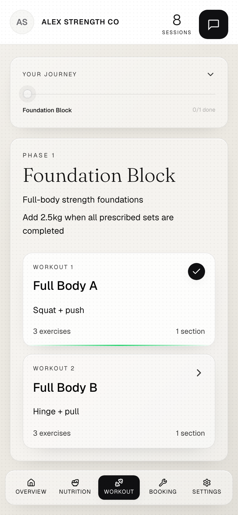 A client’s three-day programme in the Pulse client app.